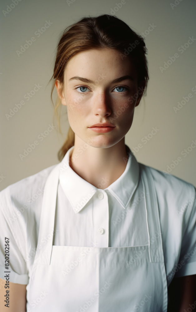 A woman in a kitchen apron. Chef work in the cuisine. Cook in uniform, protection apparel. Job in food service. Professional culinary. White fabric apron, casual clothing. Handsome baker. Generated AI A woman in a kitchen apron. Chef work in the cuisine. Cook in uniform, protection apparel. Job in food service. Professional culinary. White fabric apron, casual clothing. Handsome baker. Generated AI