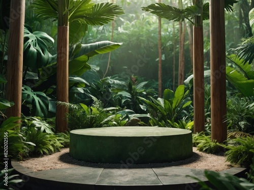 Podium pedestal in tropical forest garden green plant. Nature and Organic cosmetic and food presentation theme. Natural product present placement display.