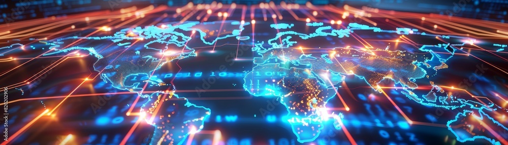 A map of the world with highlighted tech zones and digital highways, top view, representing tech connectivity, advanced tone, Analogous Color Scheme A map of the world with highlighted tech zones and digital highways, top view, representing tech connectivity, advanced tone, Analogous Color Scheme