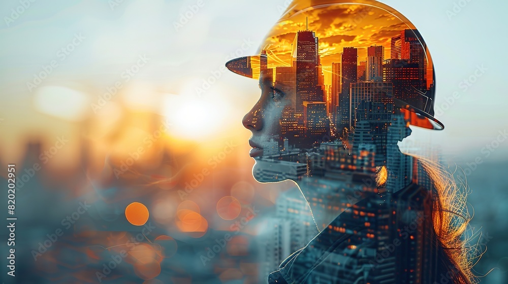 A woman wearing a hard hat is looking out over a city skyline A woman wearing a hard hat is looking out over a city skyline