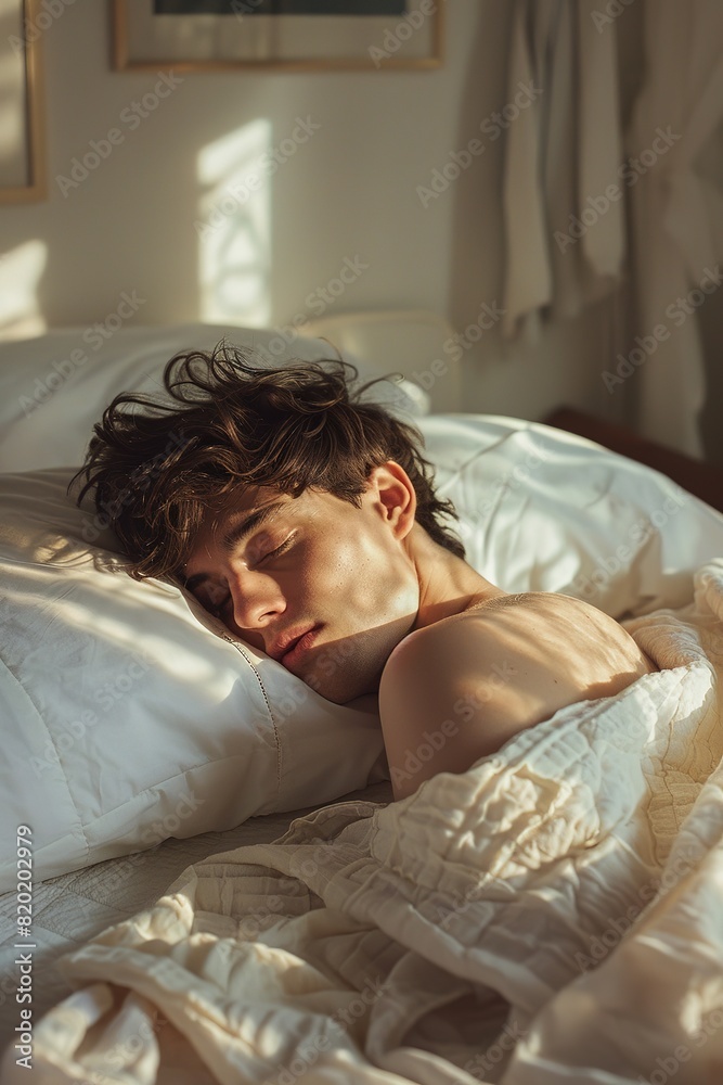 A man is sleeping on a bed with a white blanket. The room is dimly lit, and the man's face is partially covered by the blanket A man is sleeping on a bed with a white blanket. The room is dimly lit, and the man's face is partially covered by the blanket