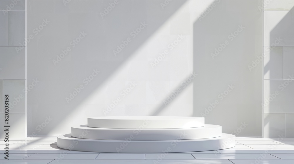 A sleek white podium with soft shadows, surrounded by elegant white mosaic tiles. The minimalist design highlights the empty space perfect for showcasing any product. A sleek white podium with soft shadows, surrounded by elegant white mosaic tiles. The minimalist design highlights the empty space perfect for showcasing any product.