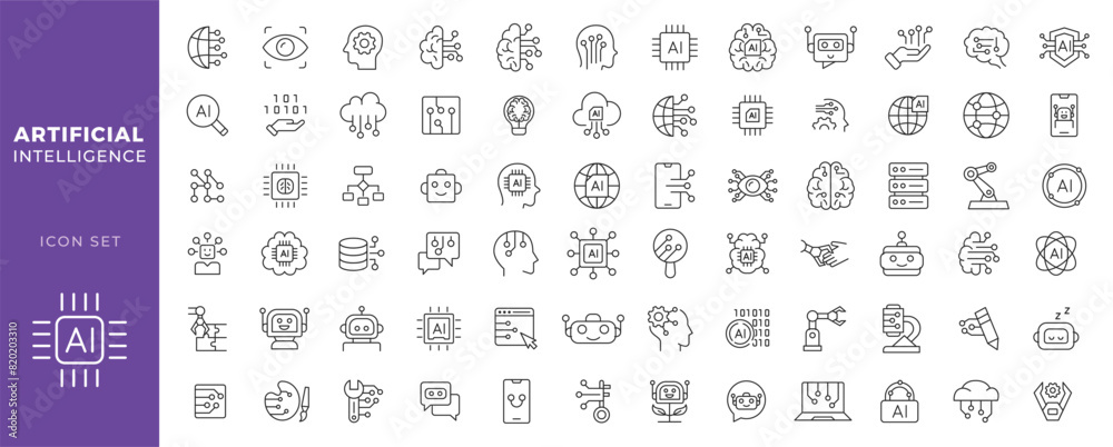 Fototapeta premium Artificial intelligence icons. Simple line art style icons pack. Vector illustration