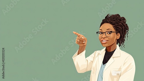 Smiling mature female doctor or pharmacist in medical clothing pointing at copy space advertising medical services of pharmacy clinic