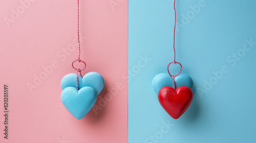 Red and blue heart shaped yo yos on a split pink