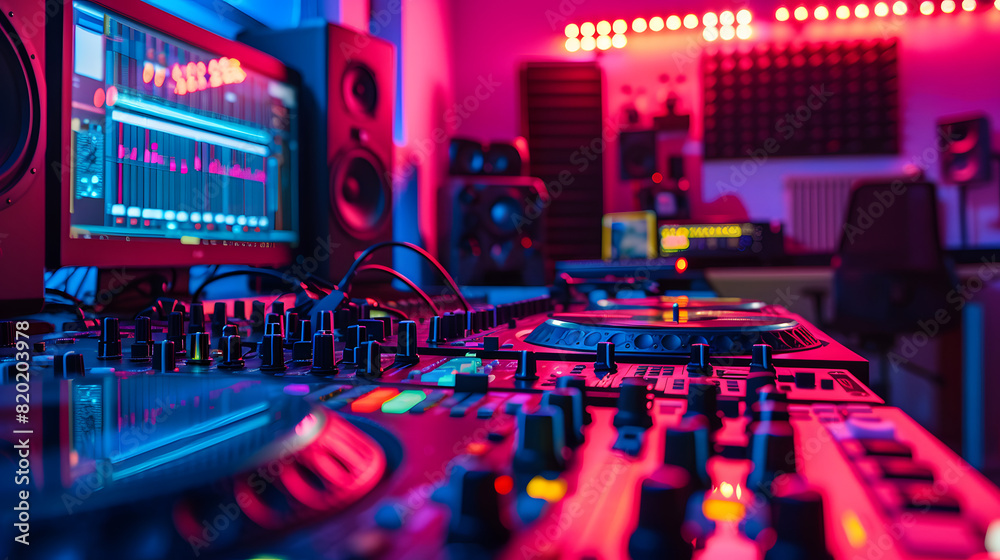 A home studio man cave for a DJ with turntables a sound mixing desk and vibrant LED lighting. A home studio man cave for a DJ with turntables a sound mixing desk and vibrant LED lighting.