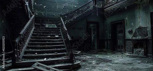 The interior of an abandoned mansion featuring a majestic grand staircase. photo