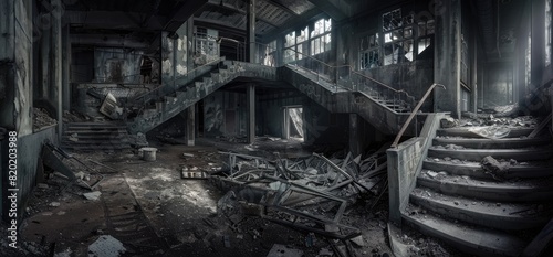 The interior of an abandoned mansion featuring a majestic grand staircase.