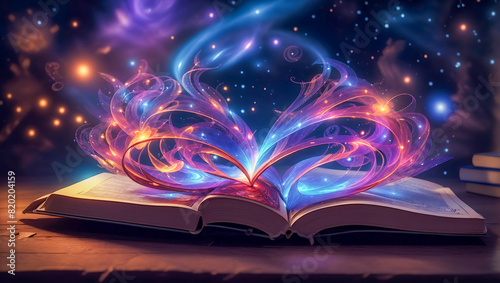 Illustration of an opened book with magical light bursting out from it promising adventurous stories ahead © The A.I Studio