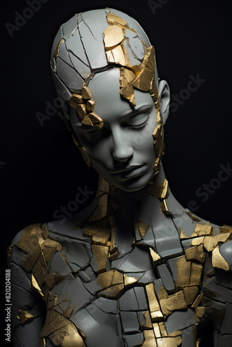 Broken gold mannequin with missing head rests on stand.