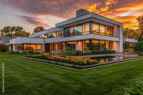 : A modern house with clean, minimalist lines, featuring large floor-to-ceiling windows reflecting a picturesque sunset, set in a lush, green suburban neighborhood, surrounded.