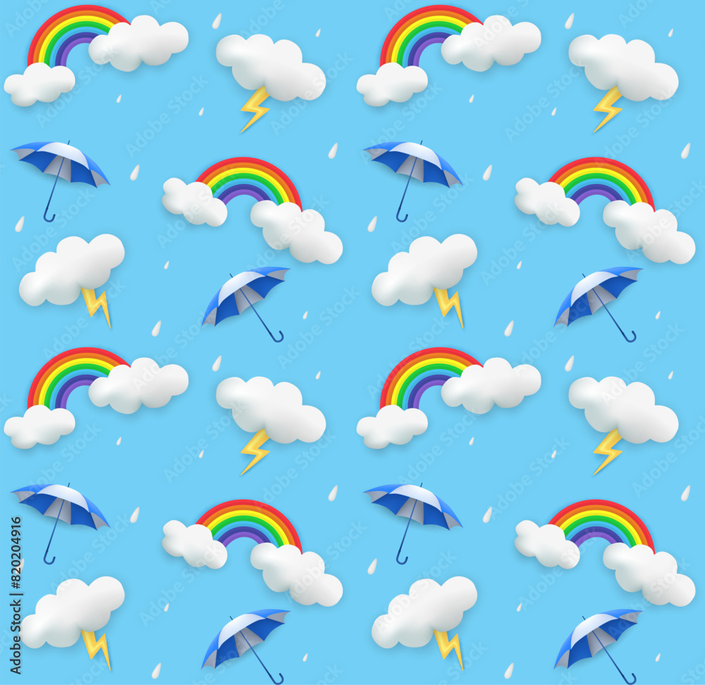 Rainy season theme product display podium. Design with clouds and rainbow on blue sky background. vector.