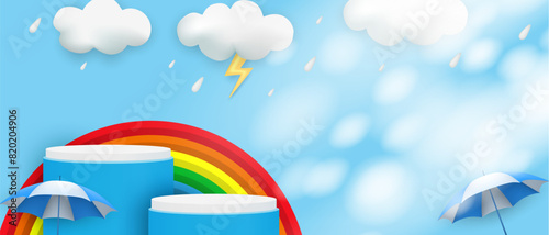 Rainy season theme product display podium. Design with clouds and rainbow on blue sky background. vector.