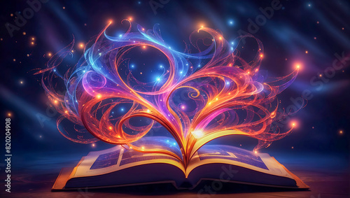 Illustration of an opened book with magical light bursting out from it promising adventurous stories ahead