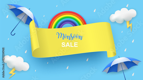 Rainy season theme product display podium. Design with clouds and rainbow on blue sky background. vector.