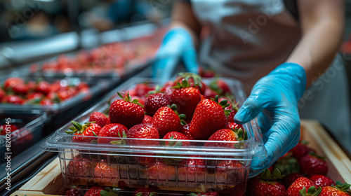 A worker in blue gloves sits at the factory line and shapes a wooden box with strawberries on it. 