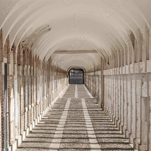 The arcades run along the entire fa  ade of one or more buildings