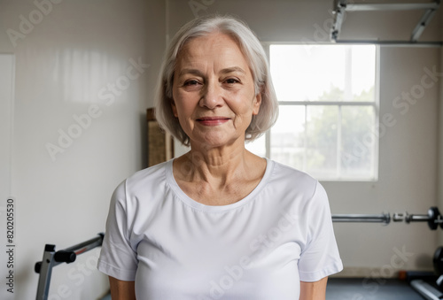 Senior Smiling Woman Wearing White T-Shirt in Gym. Elderly gray hair cheerful woman confidently stands in well-equipped gym, exuding strength and determination. Mockup. Copy space.