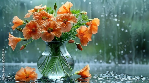   A vase brimming with orange blossoms rests atop a window ledge, overlooking a rain-splattered window
