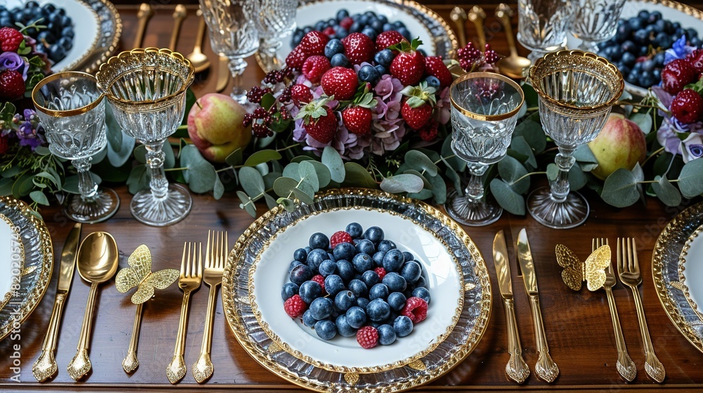   Blueberry-topped plates and silverware sit atop wooden table