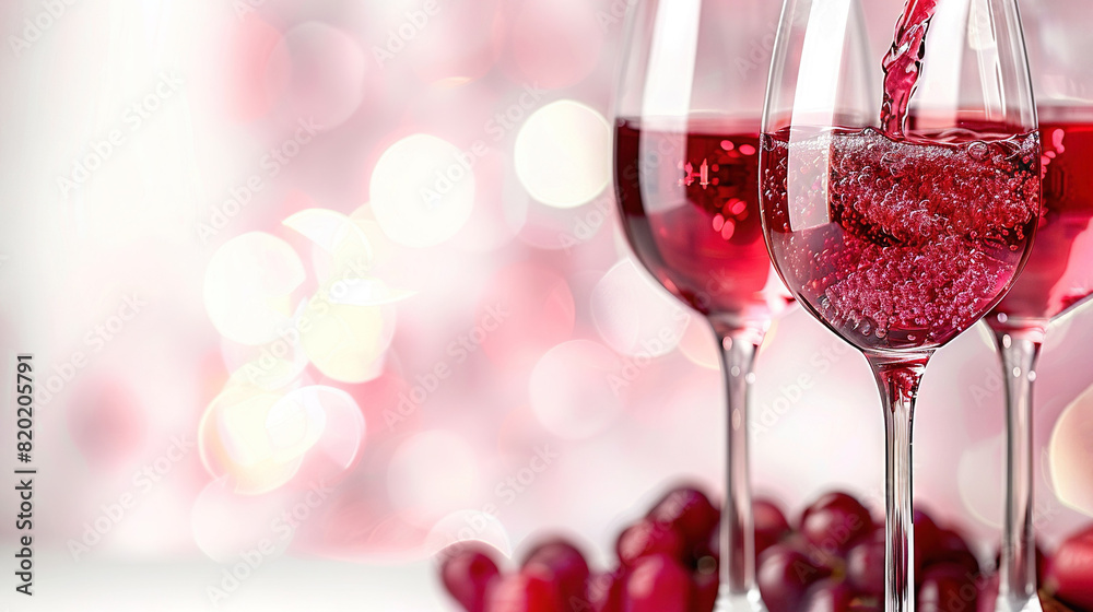 Three wine glasses, red wine being poured into one, grapes in another Three wine glasses, red wine being poured into one, grapes in another