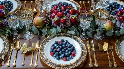   Blueberry-topped plates and silverware sit atop wooden table © Nadia