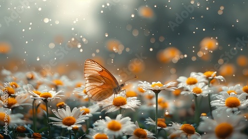   Butterfly on flower field with water droplets and blurred background © Nadia