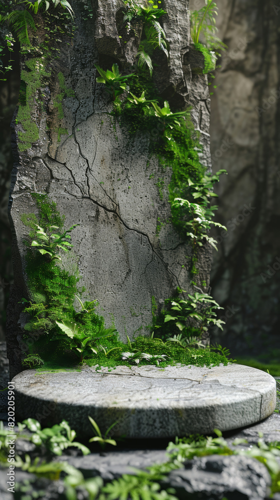 Blank round stone podium with moss around. Vertical view of a round rock pedestal with free space for product placement.