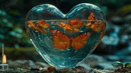   A heart-shaped glass vase contains orange butterflies and a lit candle at its center photo