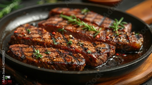 Juicy medium Beef Rib Eye steak slices in pan on wooden board with herbs spices and rosemarry.