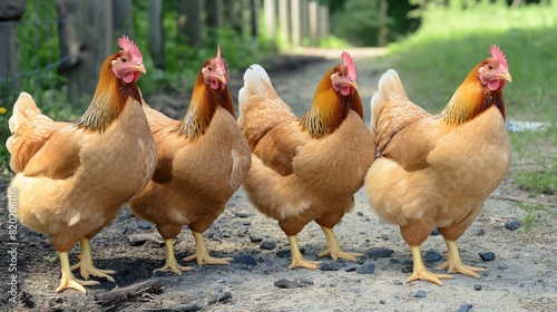 Chickens walking together on dirt road