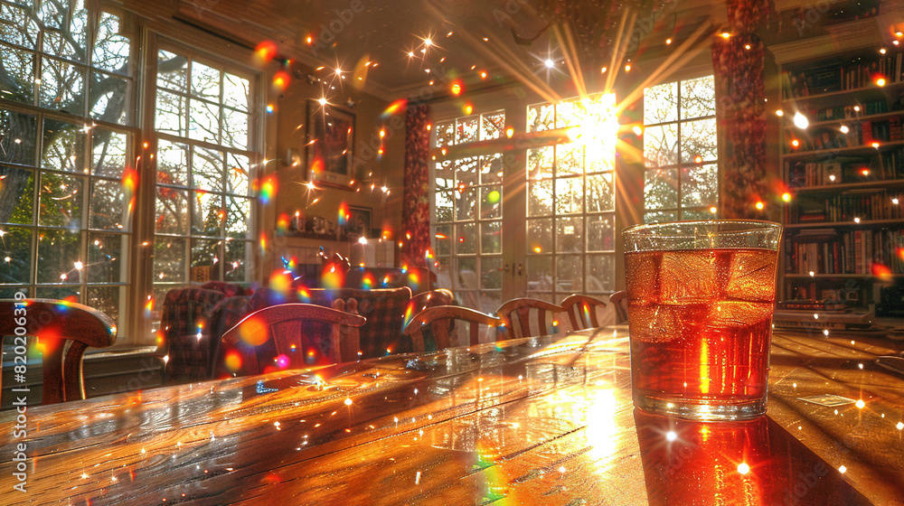   A glass of water resting atop a wooden table, bathed in the glow of a window filled with radiant lights