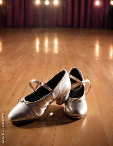 Shiny black tap shoes with ribbon ties wait on a wooden stage floor, spotlighted under the warm glow of stage lights. photo