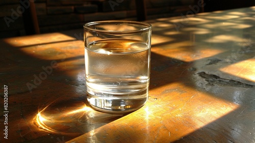  A glass of water sits atop a wooden table alongside a bottle of water