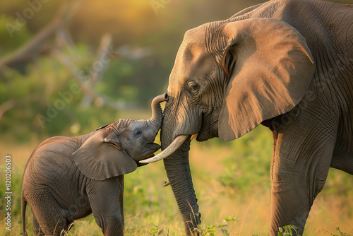 Relationship between mother elephant and child take a look to each other. International kissing day