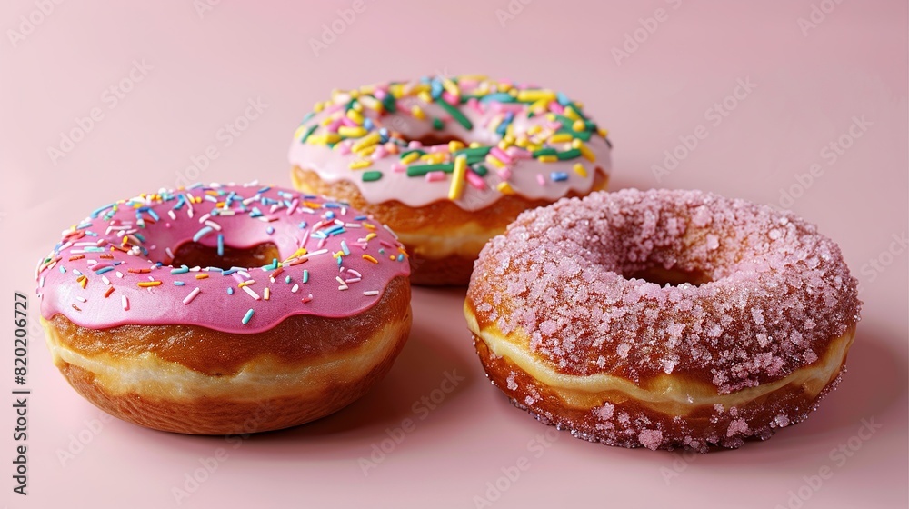   Three pink doughnuts with frosting and sprinkles on a pastel pink background