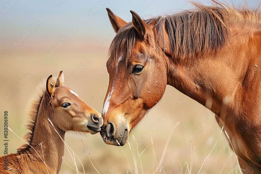 Fototapeta premium Portrait of a mare and her foal in rye field . International Kissing Day th July