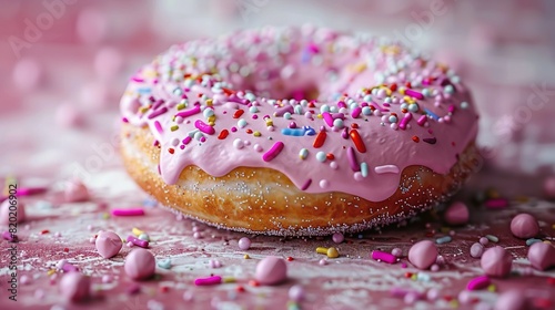   A pink donut with pink frosting and pink sprinkles on a pink surface with pink and white sprinkles © Nadia