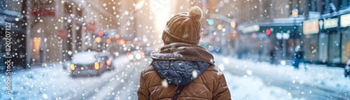 A person bundled in winter clothing, walking through a snowy city street, urban, muted colors, detailed and chilly photo