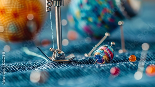 A close-up of a sewing machine needle and presser foot on blue denim, with a vibrant pin cushion in the background