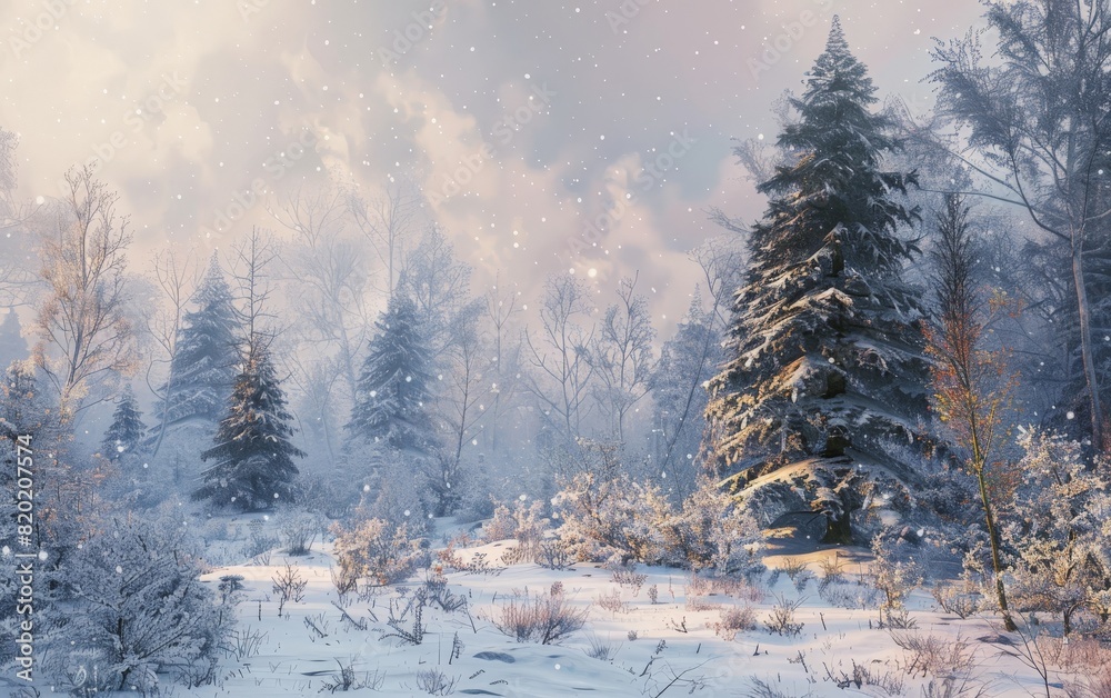Fototapeta premium A snow-covered forest under a pale winter sky, realism, cool tones, high detail, serene and cold atmosphere