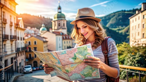 Female traveler exploring Europe using a map. photo