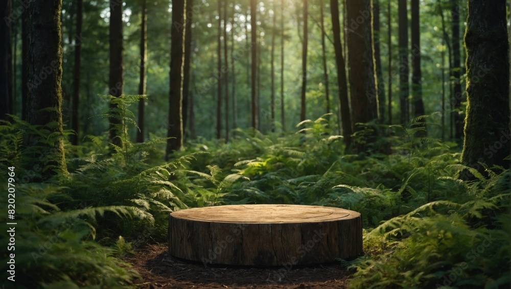 Wooden round pedestal in the green forest illustration, scenery of empty product podium in natural environment, green trees around, mystical mood Wooden round pedestal in the green forest illustration, scenery of empty product podium in natural environment, green trees around, mystical mood