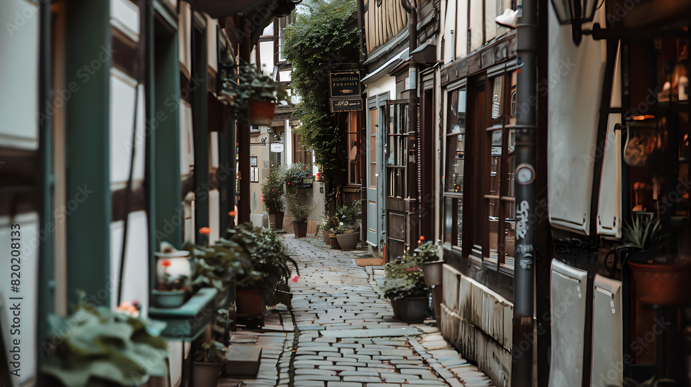 A narrow passage between old timbered houses with small cafes and boutiques.