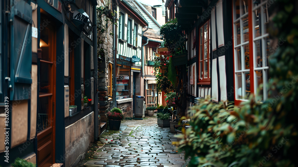 A narrow passage between old timbered houses with small cafes and boutiques.