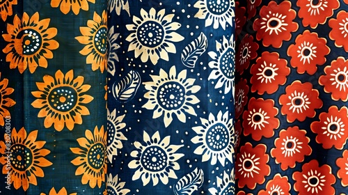 Indian Traditional Block Print Design Pattern. Ajrakh Pattern Batik Print Pattern. Traditional Indian Design in three colorways photo