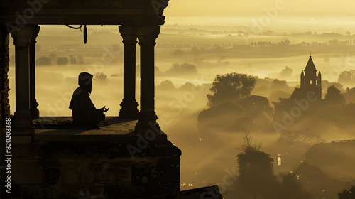 A person meditating at dawn in a monastery bell tower overlooking a misty landscape. photo