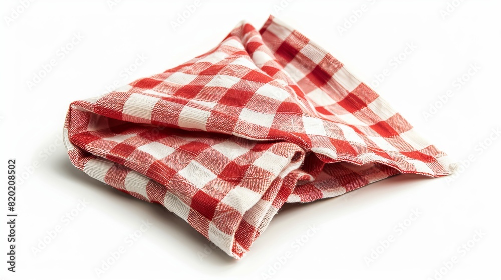 Isolated red checkered napkin front view on a white background, in a rustic chic style