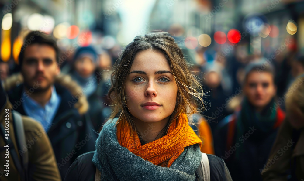 Focused Young Woman Standing Out in a Busy Urban Street Crowd, Portrait Style Image Capturing Contemporary City Life and Individuality at Dusk Focused Young Woman Standing Out in a Busy Urban Street Crowd, Portrait Style Image Capturing Contemporary City Life and Individuality at Dusk