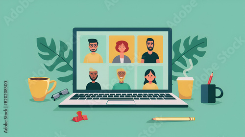 Modern and Minimalistic Digital Meeting: Professionals Collaborating in a Virtual Conference Room Illustration
